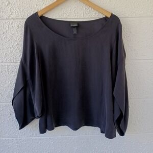 Eileen Fisher Dark Charcoal Wide-Sleeve Silk Blouse
